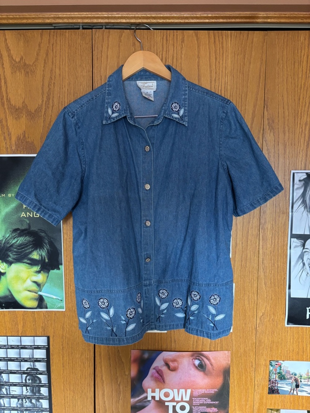 Unisex Embroidered Denim Short-Sleeve Button-Up Shirt - Blue
